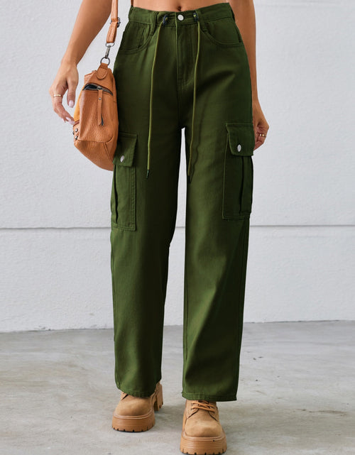 Load image into Gallery viewer, Drawstring Mid-Rise Waist Straight Cargo Jeans
