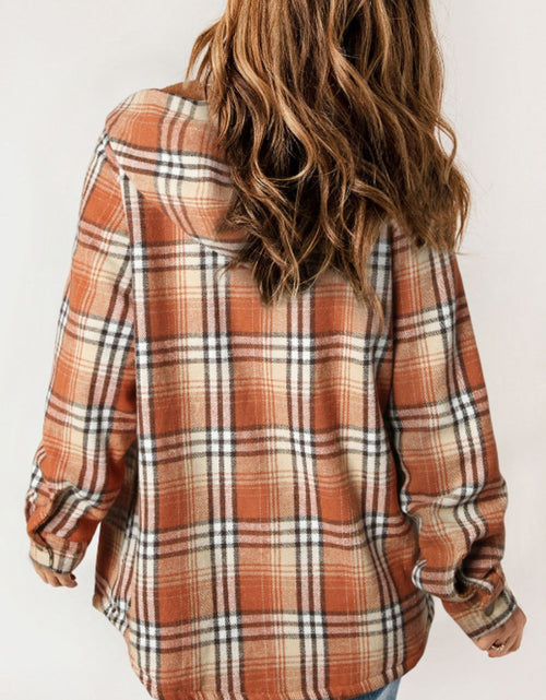 Load image into Gallery viewer, Plaid Button Up Long Sleeve Hooded Jacket
