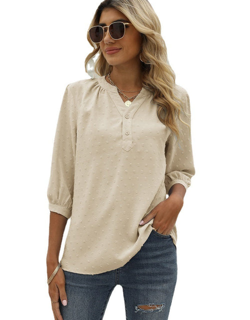 Load image into Gallery viewer, Swiss Dot Notched Neck Three-Quarter Sleeve Blouse
