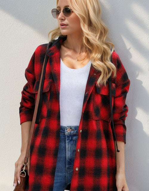 Load image into Gallery viewer, Double Take Drawstring Plaid Long Sleeve Hooded Shacket
