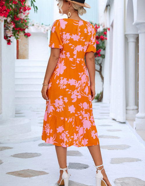 Load image into Gallery viewer, Floral Puff Sleeve Ruffle Hem Midi Dress
