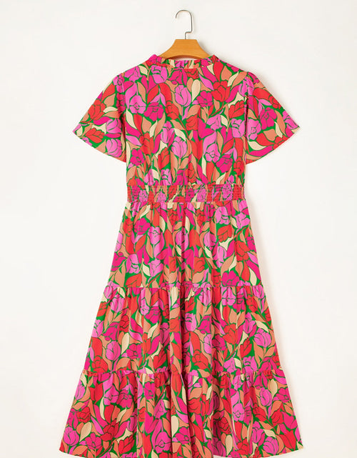 Load image into Gallery viewer, Frill Printed Notched Short Sleeve Midi Dress
