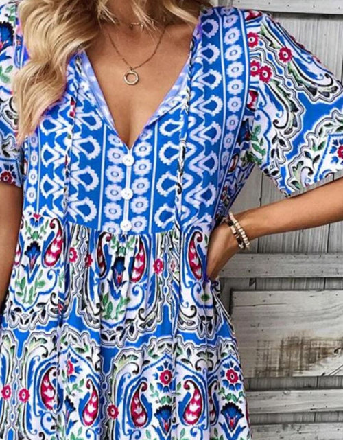 Load image into Gallery viewer, Printed Tie Neck Short Sleeve Dress
