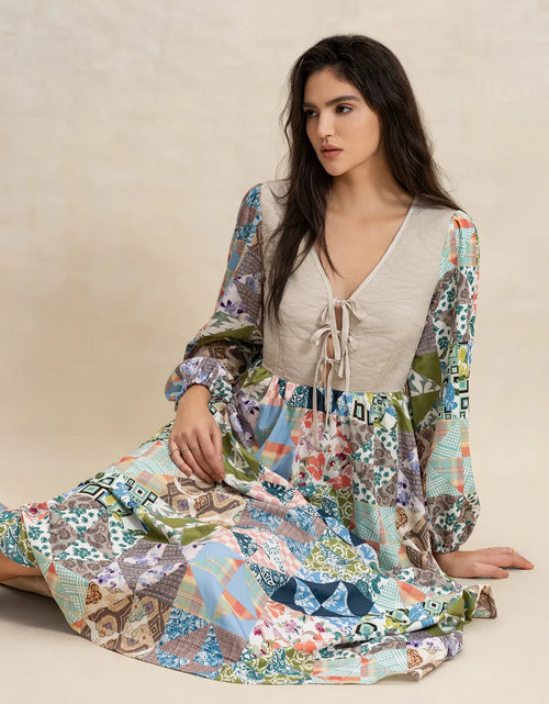 Load image into Gallery viewer, Tied Front Printed Long Sleeve Maxi Dress
