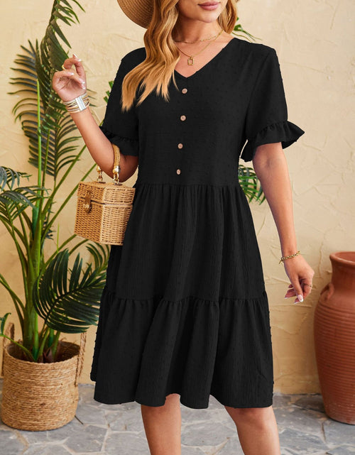 Load image into Gallery viewer, Swiss Dot Ruffled V-Neck Tiered Dress

