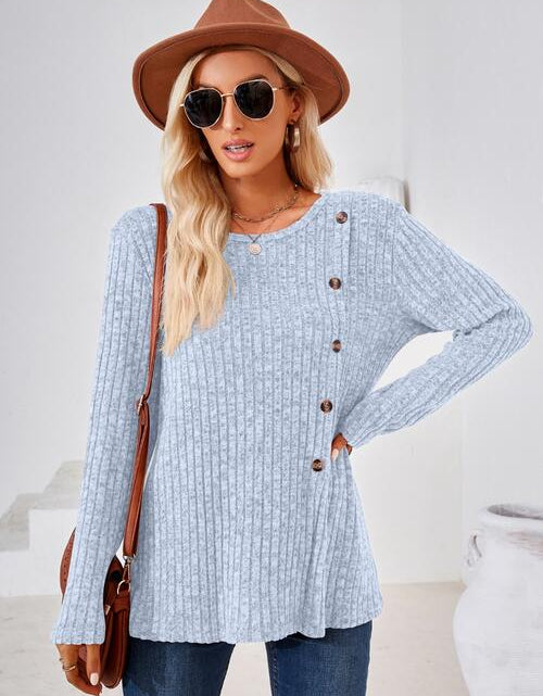 Load image into Gallery viewer, Ribbed Buttoned Round Neck Slit T-Shirt
