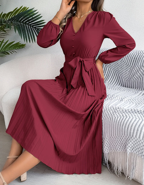 Load image into Gallery viewer, Pleated Tied V-Neck Long Sleeve Dress
