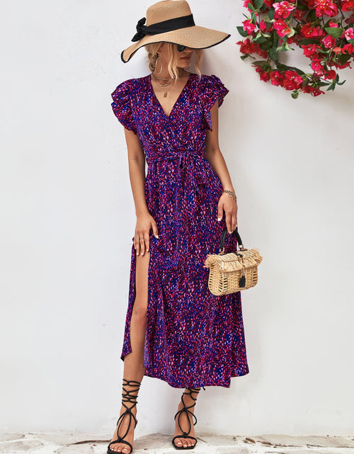 Load image into Gallery viewer, Printed Surplice Neck Flutter Sleeve Slit Dress

