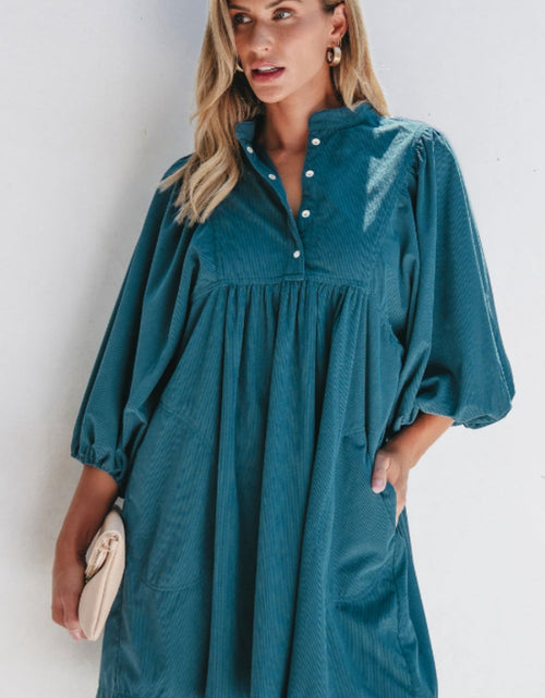 Load image into Gallery viewer, Corduroy Quarter Snap Three-Quarter Sleeve Dress
