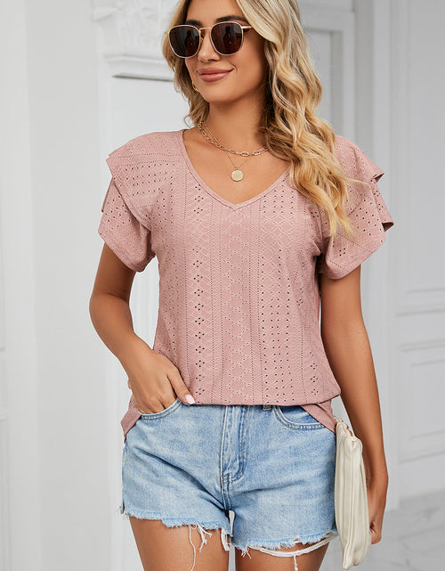 Load image into Gallery viewer, Eyelet V-Neck Short Sleeve T-Shirt
