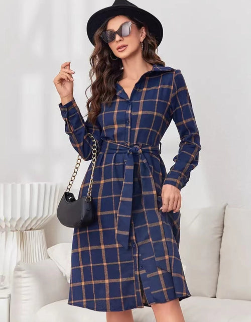 Load image into Gallery viewer, Plaid Tie Waist Long Sleeve Dress
