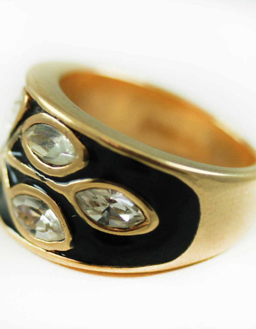 Load image into Gallery viewer, Vintage 1980's Black Enamel Ring with Clear Austrian Crystals Leaf Motif 18k Gold Plated by PVD Vintage Jewelry

