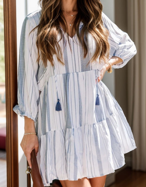 Load image into Gallery viewer, Tassel Striped Tie Neck Batwing Sleeve Dress
