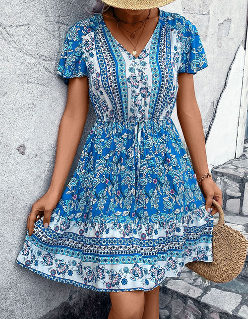 Load image into Gallery viewer, Perfee Printed V-Neck Flutter Sleeve Mini Dress

