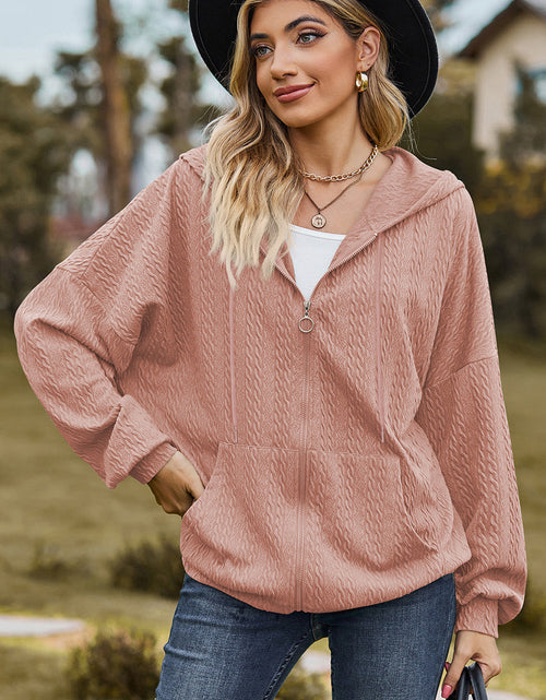 Load image into Gallery viewer, Drawstring Zip Up Dropped Shoulder Hoodie
