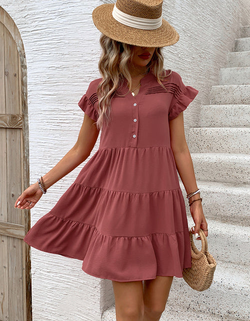 Load image into Gallery viewer, Perfee Tiered Notched Flounce Sleeve Mini Dress
