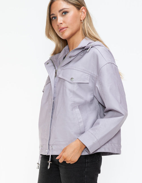 Load image into Gallery viewer, How Dare U Drawstring Hem PU Leather Zip Up Jacket
