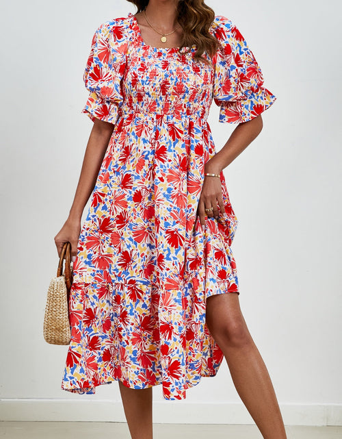 Load image into Gallery viewer, Smocked Floral Square Neck Short Sleeve Dress

