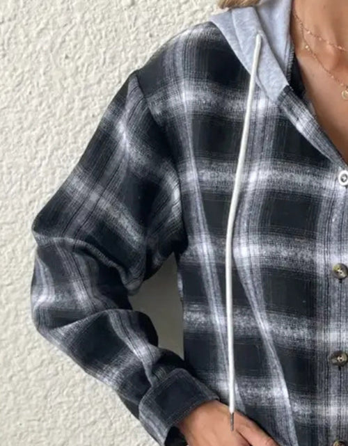 Load image into Gallery viewer, Plaid Drawstring Button Up Hooded Jacket

