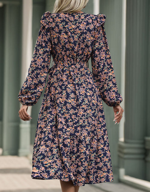 Load image into Gallery viewer, Perfee Printed Surplice Long Sleeve Midi Dress
