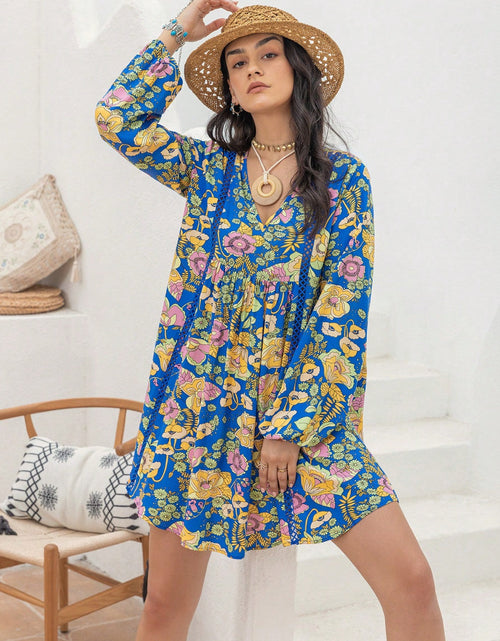 Load image into Gallery viewer, Printed V-Neck Balloon Sleeve Mini Dress
