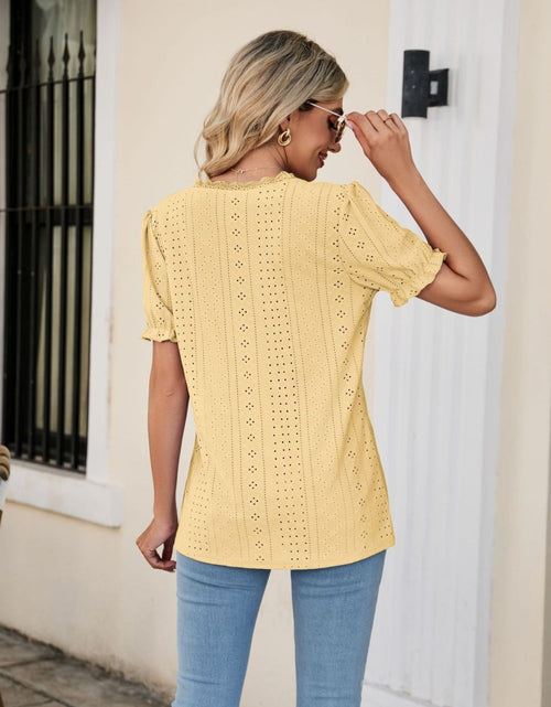 Load image into Gallery viewer, Eyelet Flounce Sleeve Scalloped V-Neck Top
