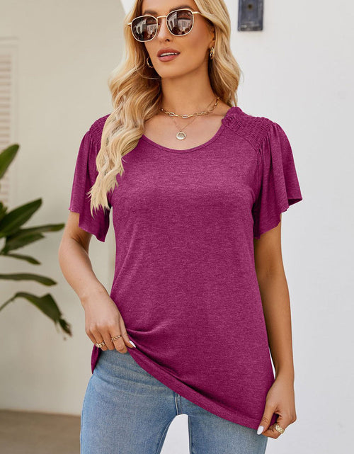 Load image into Gallery viewer, Smocked Round Neck Flutter Sleeve T-Shirt
