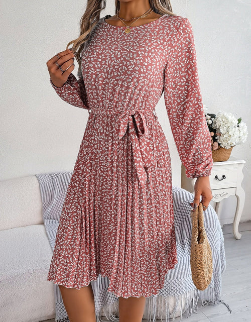 Load image into Gallery viewer, Ditsy Floral Tie Waist Pleated Dress
