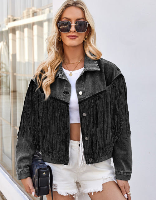 Load image into Gallery viewer, Tassel Button Up Dropped Shoulder Denim Jacket
