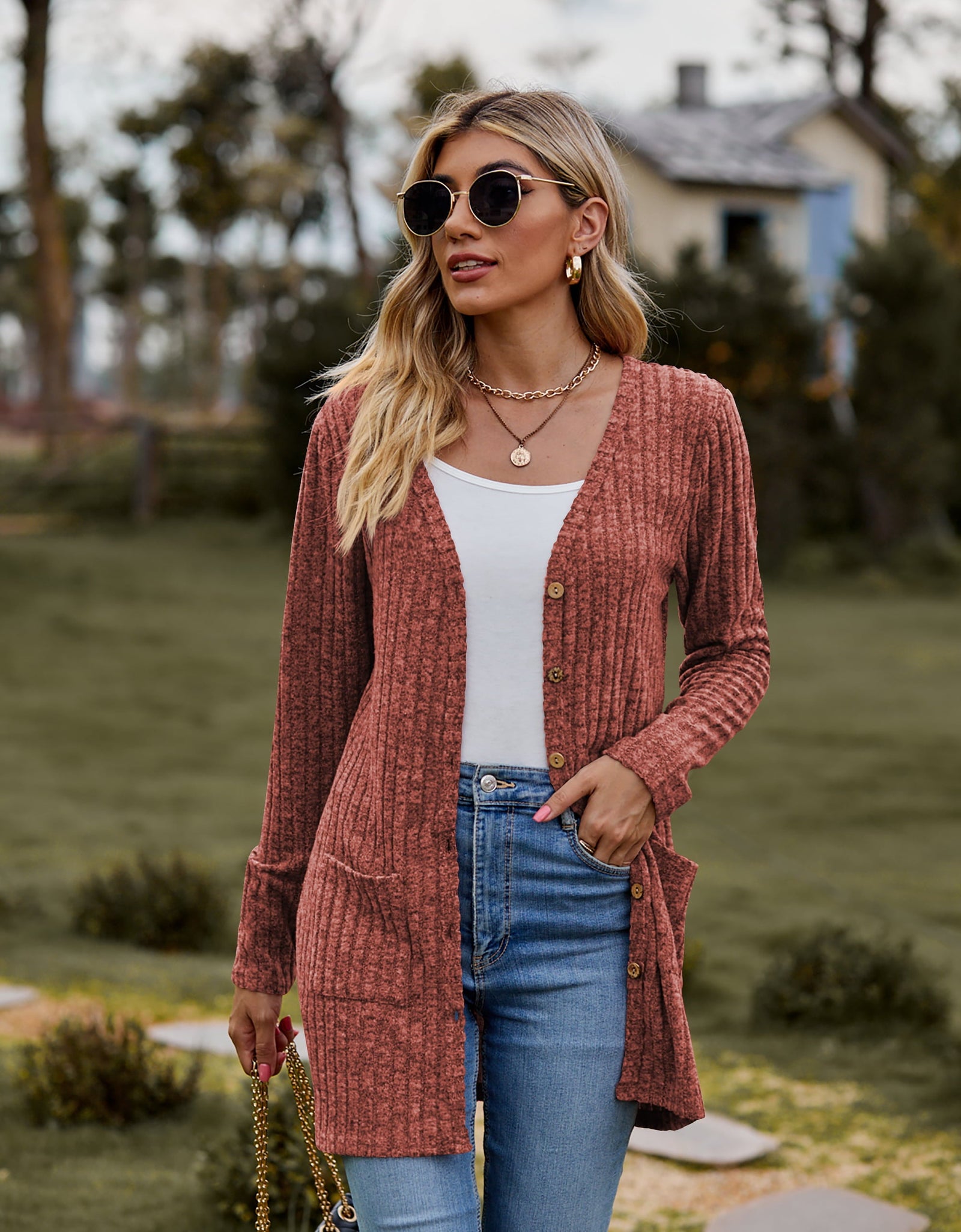 Ribbed Button-Up Cardigan with Pockets
