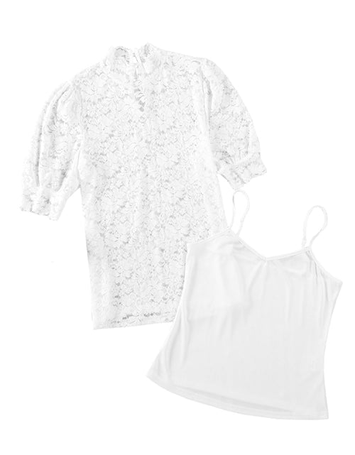Load image into Gallery viewer, Lace Scalloped Short Puff Sleeve Top
