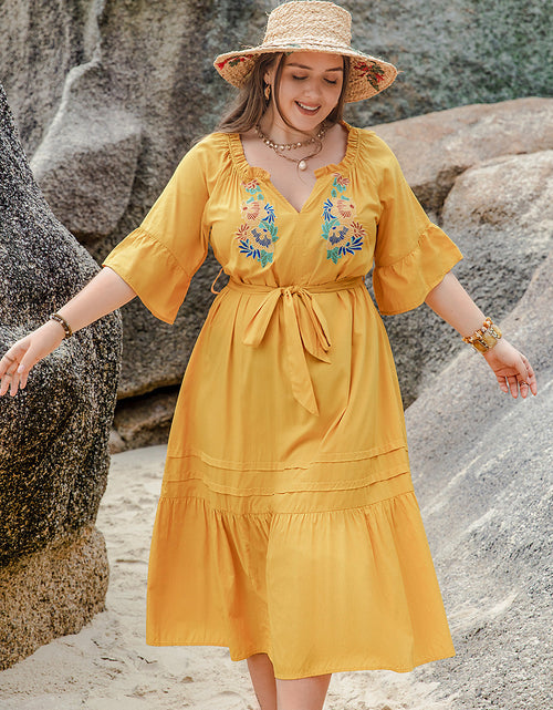 Load image into Gallery viewer, Plus Size Notched Tie Waist Half Sleeve Midi Dress
