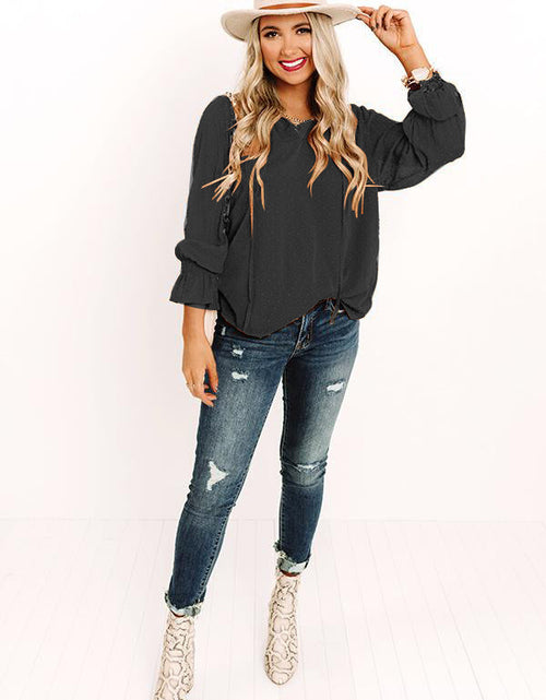 Load image into Gallery viewer, Swiss Dot Tie Neck Flounce Sleeve Blouse
