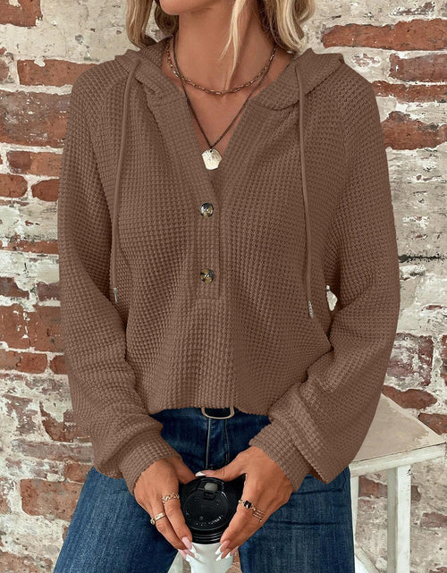 Load image into Gallery viewer, Waffle Knit Long Sleeve Drawstring Hooded Top
