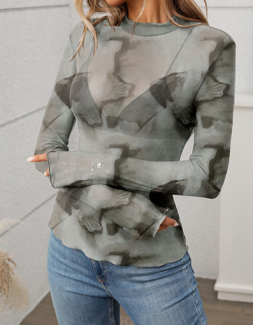 Load image into Gallery viewer, Printed Mock Neck Long Sleeve Mesh T-Shirt
