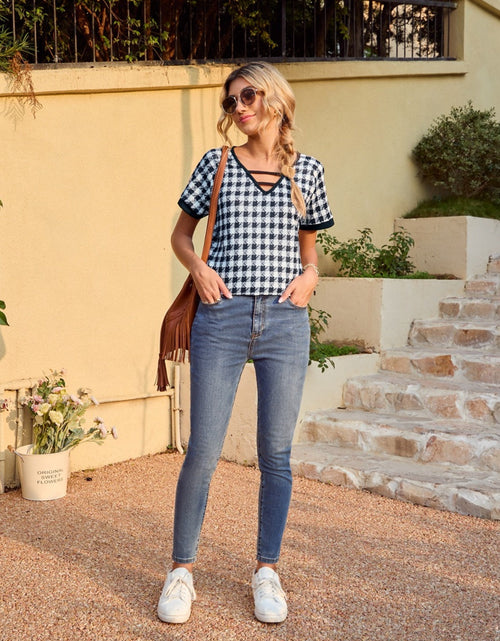 Load image into Gallery viewer, Houndstooth V-Neck Short Sleeve T-Shirt

