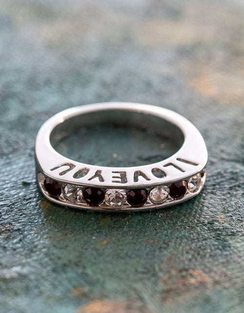 Load image into Gallery viewer, Vintage 1980s I Love You Ring Band Ring Garnet and Clear Austrian Crystals Imported by PVD Vintage Jewelry
