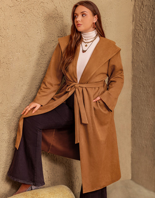 Load image into Gallery viewer, Plus Size Tied Long Sleeve Hooded Coat with Pockets
