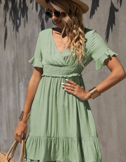 Load image into Gallery viewer, Shiny Smocked Waist Flounce Sleeve Ruffle Hem Dress
