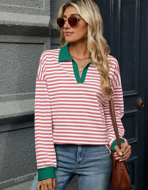 Load image into Gallery viewer, Striped Johnny Collar Long Sleeve Sweatshirt
