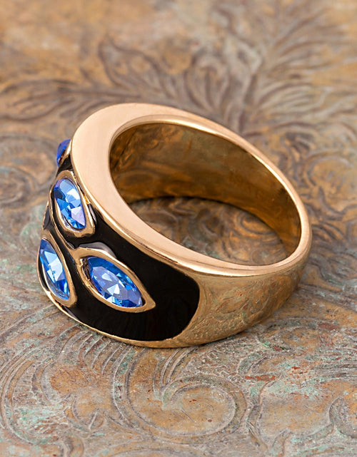 Load image into Gallery viewer, Vintage 1980's Black Enamel Ring with Clear Austrian Crystals Leaf Motif 18k Gold Plated by PVD Vintage Jewelry
