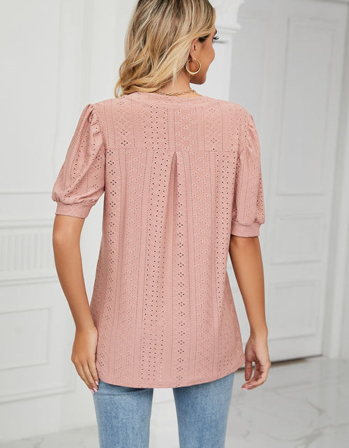 Load image into Gallery viewer, Eyelet Short Puff Sleeve Notched Neck Top
