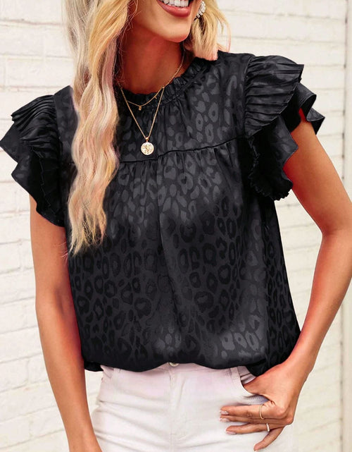Load image into Gallery viewer, Leopard Frill Mock Neck Ruffled Cap Sleeve Top
