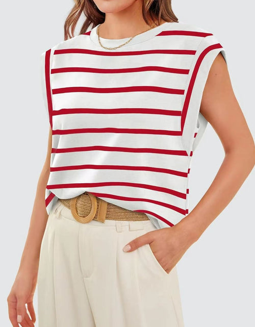 Load image into Gallery viewer, Florira Striped Round Neck Cap Sleeve T-Shirt
