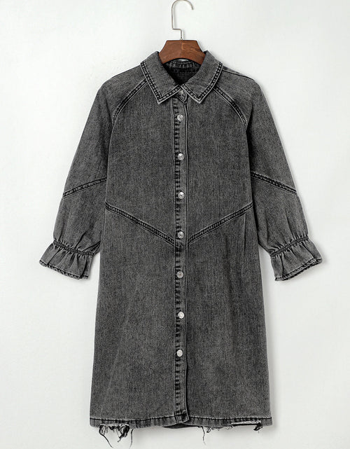 Load image into Gallery viewer, Distressed Collared Neck Flounce Sleeve Denim Dress

