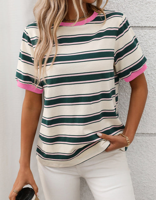 Load image into Gallery viewer, Contrast Striped Round Neck Short Sleeve T-Shirt
