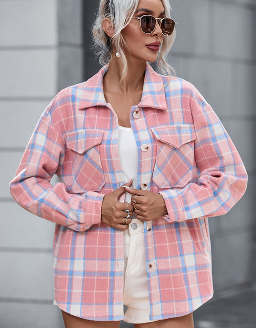 Load image into Gallery viewer, Plaid Pocketed Collared Neck Button Up Jacket
