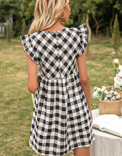 Load image into Gallery viewer, Ivy Lane Plaid Butterfly Sleeve Deep V Dress
