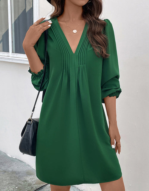 Load image into Gallery viewer, Perfee Ruched V-Neck Flounce Sleeve Dress
