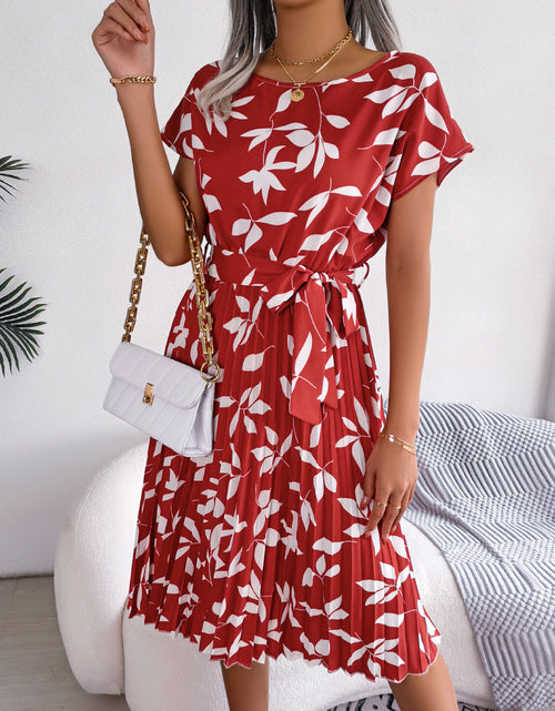 Load image into Gallery viewer, Printed Round Neck Short Sleeve Pleated Dress
